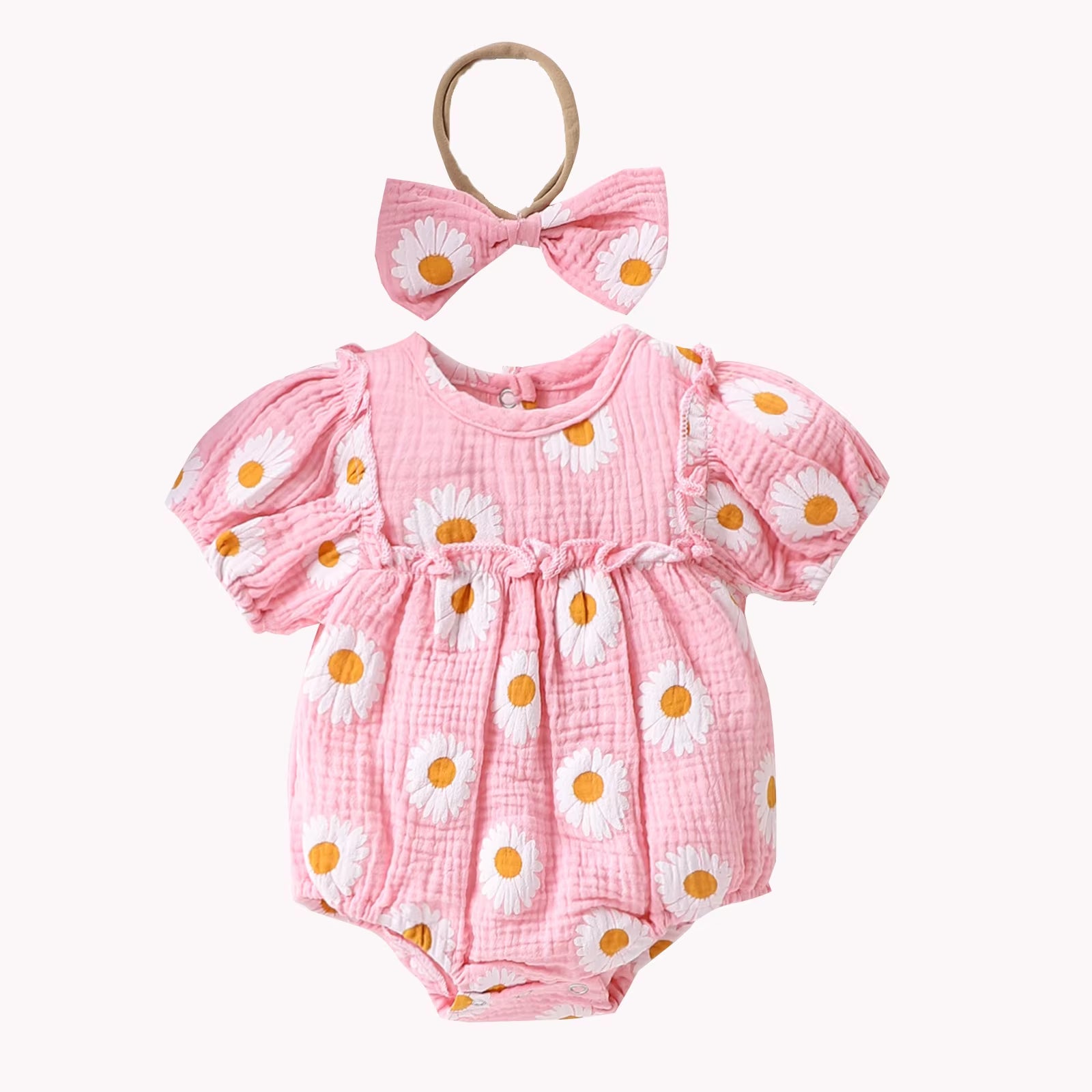 Daisy Whispers – Baby Girl Bubble Sleeve Lace Romper