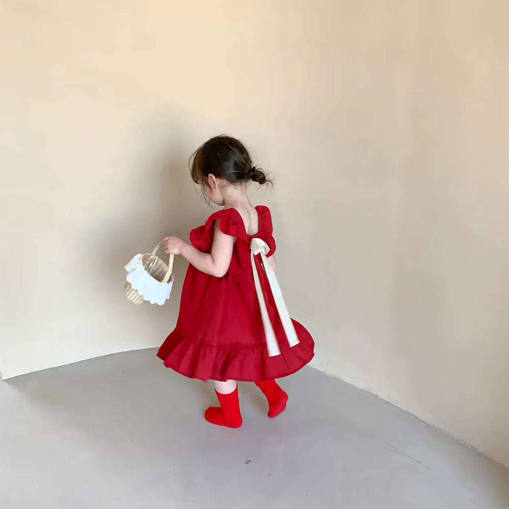 BreezeBloom – Ruffled Flying Sleeve A-Line Dress with Back Bow