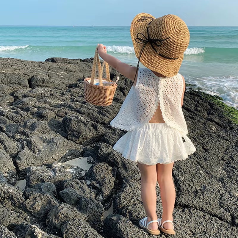 Girls 2024 Summer Clothing Sets Hollow Lace Suit Baby Casual Sleeveless T-Shirt+Shorts Kids Clothing Sets Baby Clothes Outfits